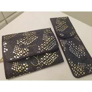 MONAT Haircare Hanging Travel Toiletries Bag & Flat Iron Case NWOT Navy & Gold
